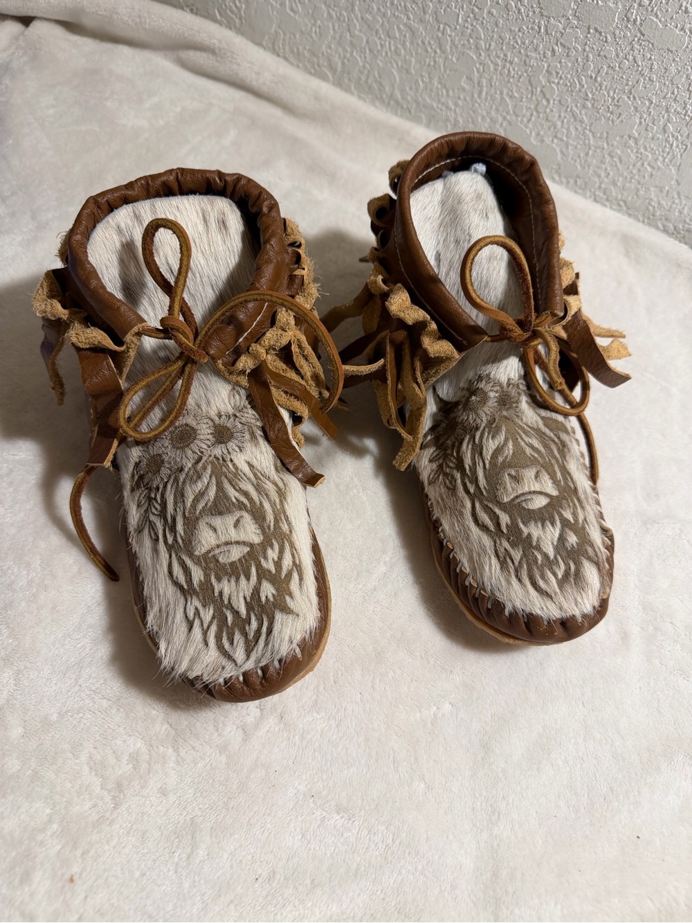 Brown Faux Fur Moccasin Boots with Highland Cow Design